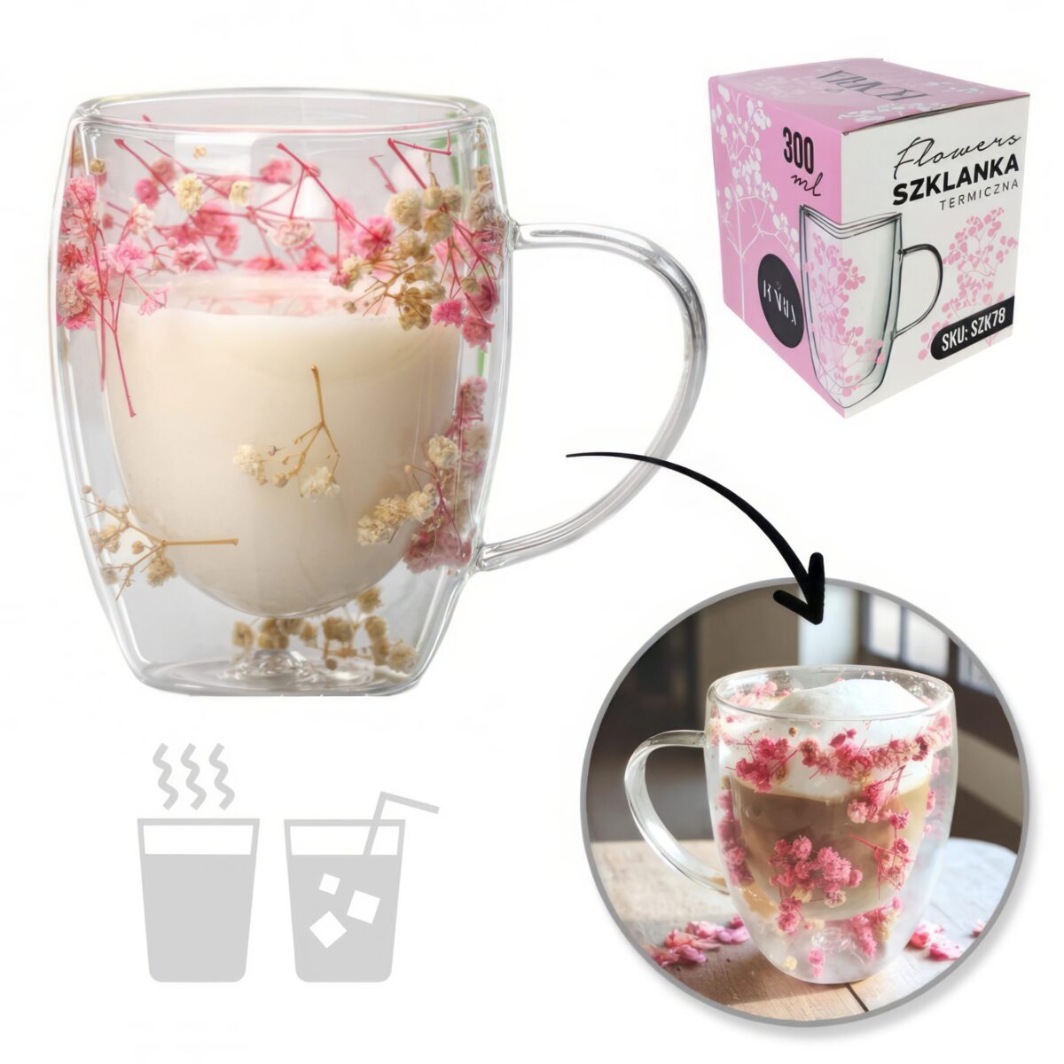 Szklanka do Herbaty Kawy Termiczna z Kwiatami w Środku 300ml - obrazek 6